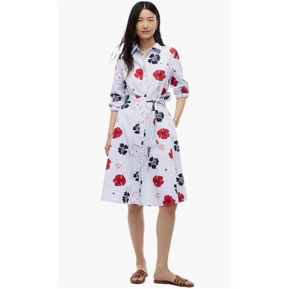 Tommy Hilfiger Floral Pinstripe Midi Shirt Dress Blue Red- L NWT
